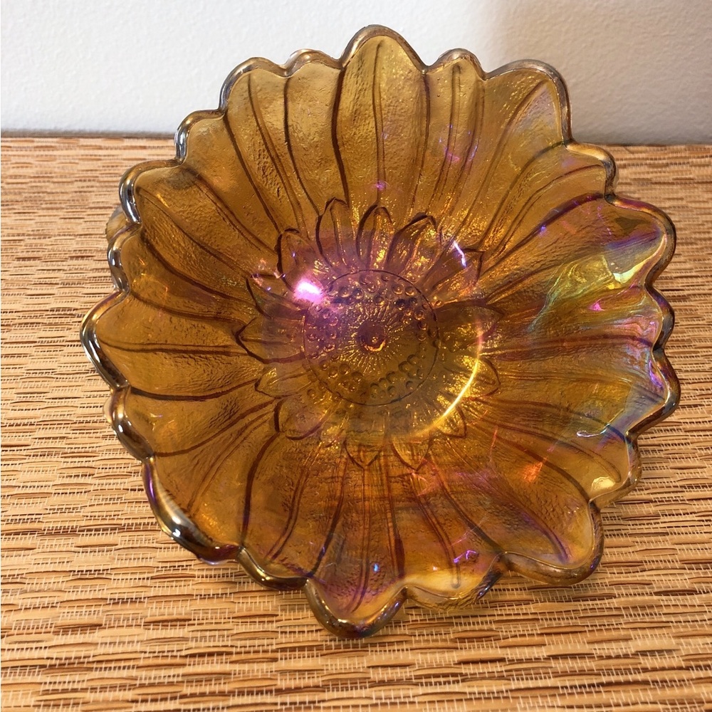 Vintage Amber Iridescent Sunflower 🌻 Carnival Glass Candy Dish